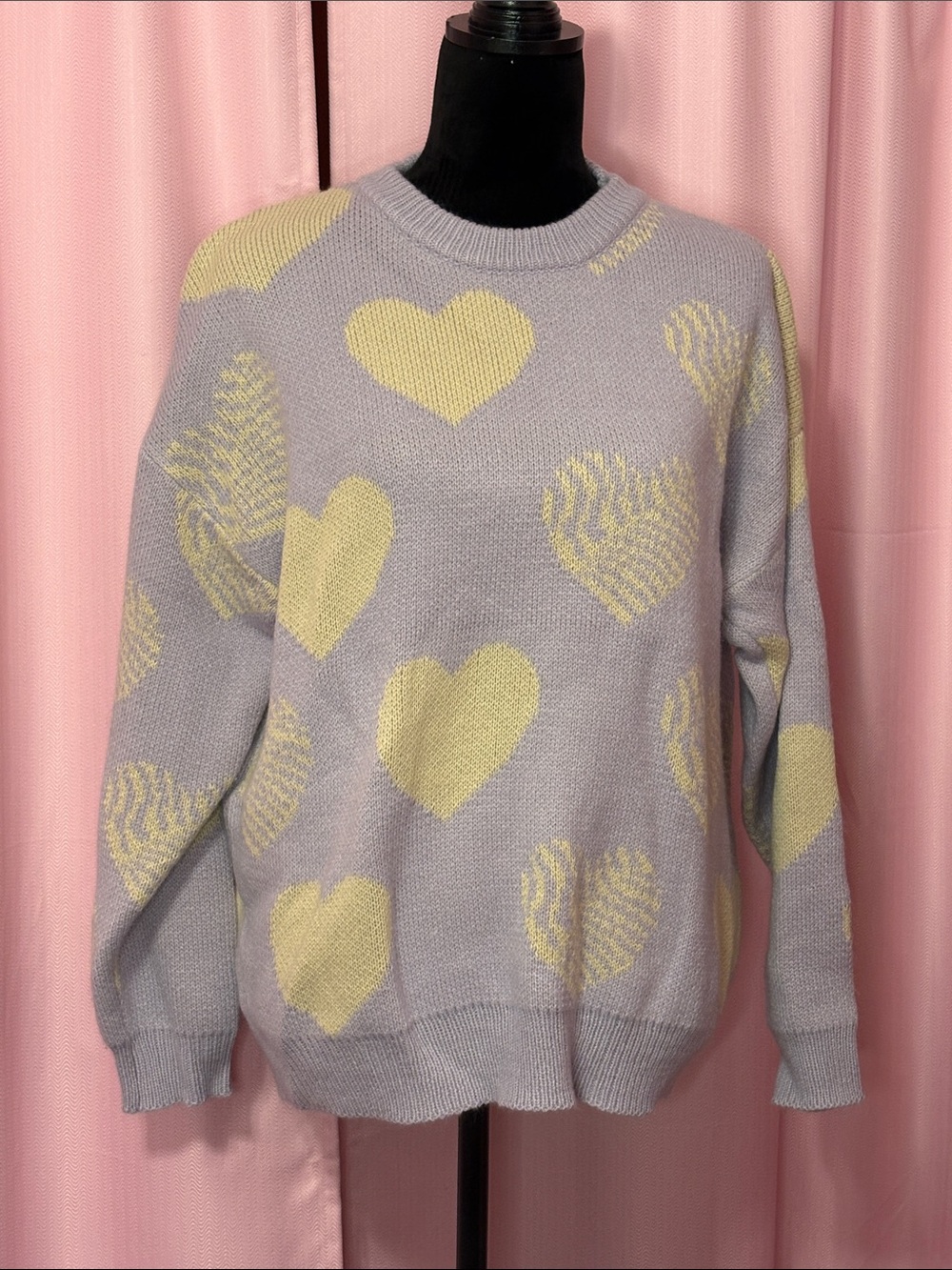 Purple Crewneck Pullover Sweater With Heart Pattern